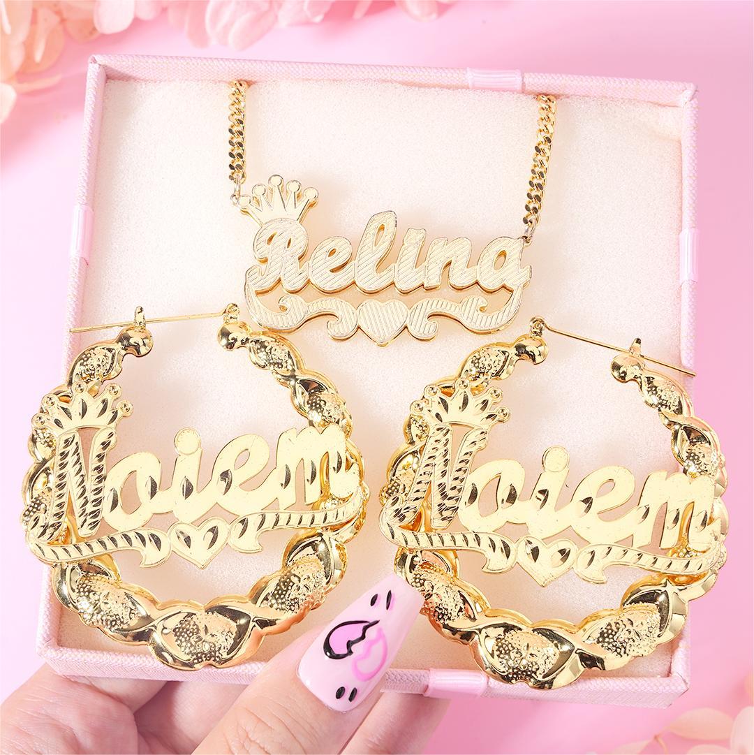 Crown Heart Double Layer Name Necklace And XOXO Name Earrings Personalized Custom Set