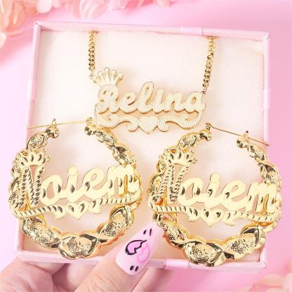Crown Heart Double Layer Name Necklace And XOXO Name Earrings Personalized Custom Set