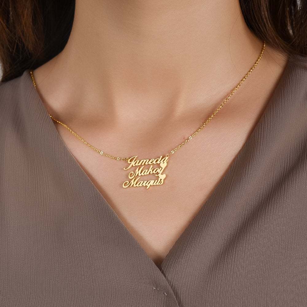 Gold Plated Personalized Three Names Necklace with Two Hearts Mother Gift-silviax