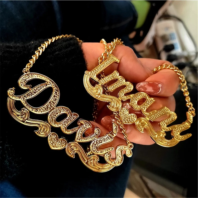 Personalized Custom 3D Gold Plated  Nameplate Necklace with Heart