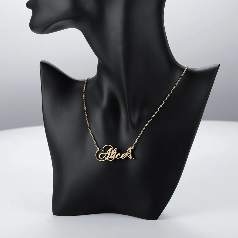 Gold Plated Nameplate with Butterfly Personalized Custom Name Necklace-silviax