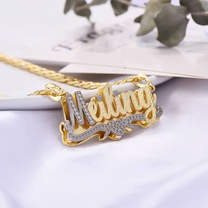Double Plate Two Tone Heart Nameplate Pendant With Cuban Chain Personalized Custom Gold Plated Name Necklace-silviax
