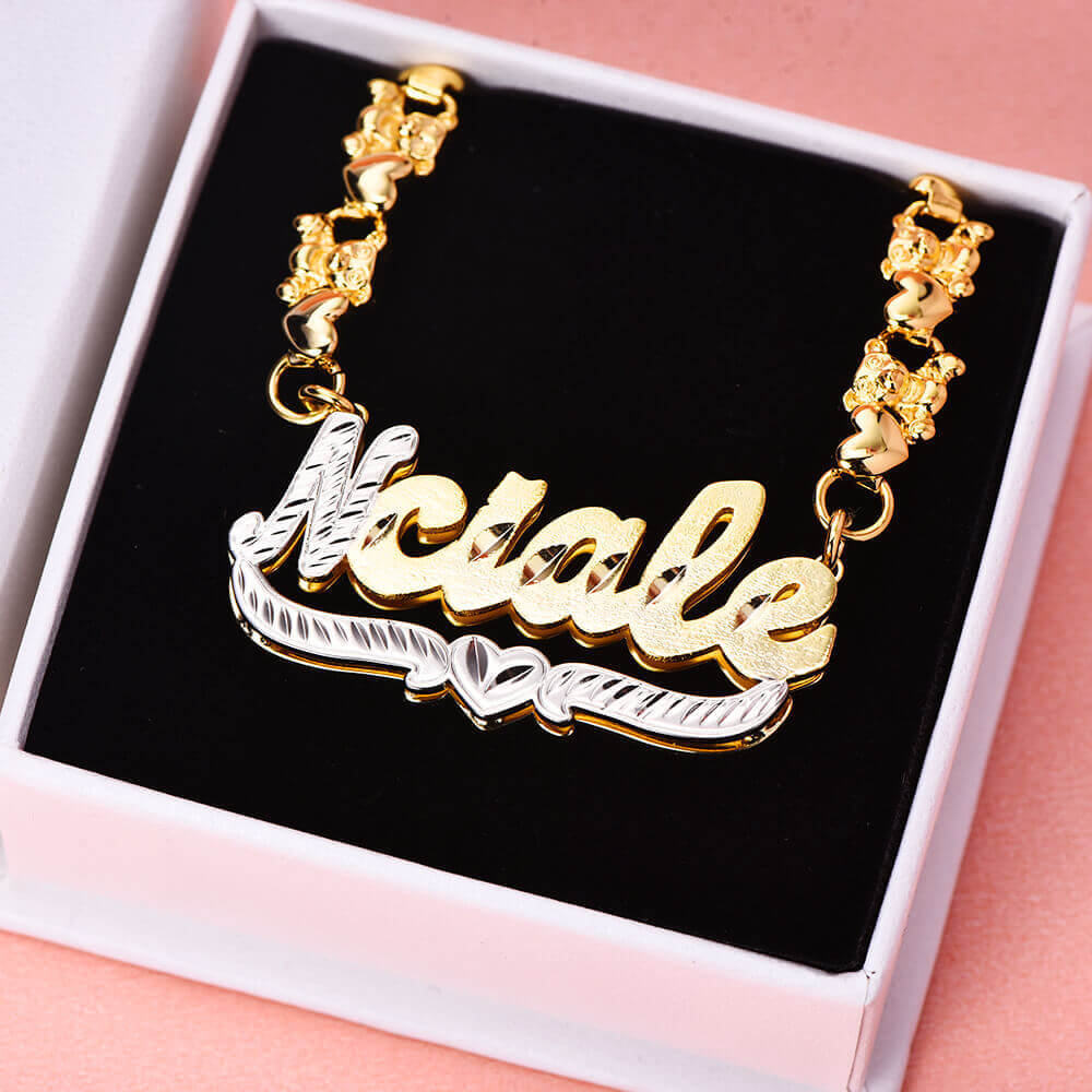 Double Layer Two Tone with Teddy Bear XOXO Chain Heart Personalized Custom Gold Plated Name Necklace-silviax