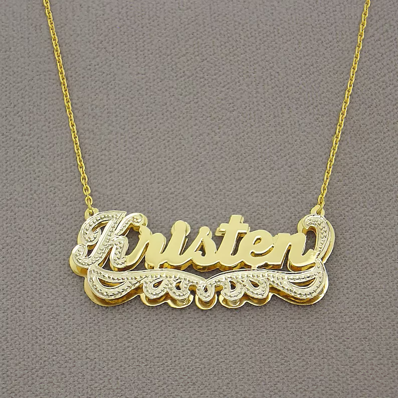 Two Tone Double Layer Personalized Custom Gold Plated  Name Necklace with Heart
