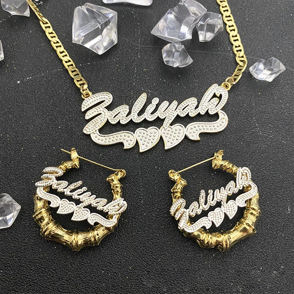 Personalized Custom Jewelry Set Two Tone with Double Heart Name Necklace and Bamboo Name Earrings Set-silviax