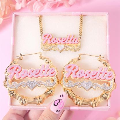 Pink Acrylic Personalized Heart Name Necklace and Bamboo Earrings Set