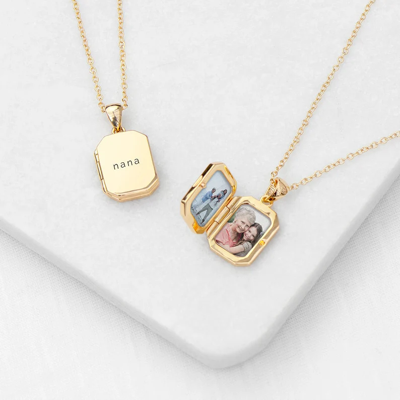 Personalized Gold Plated Rectangular Photo Locket Custom Photo Name & Date Necklace Anniversary Gift