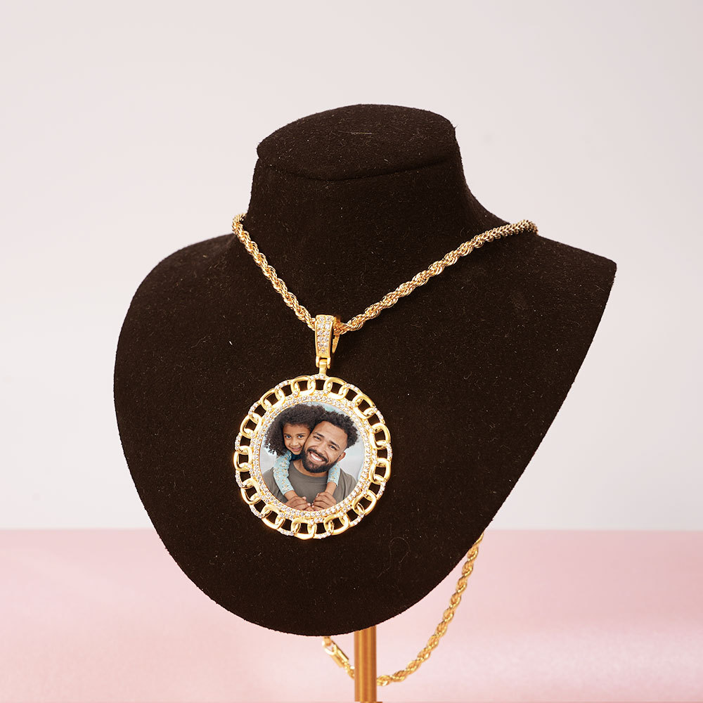 Iced Out Cubic Zircon Personalized Custom Photo Round Necklace-silviax