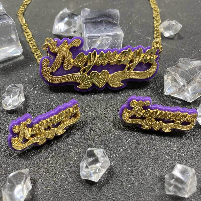 Purple Acrylic with Heart Double Layer Personalized Custom Gold Plated Name Necklace And Name Stud Earring Set-silviax