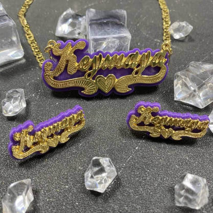 Purple Acrylic with Heart Double Layer Personalized Custom Gold Plated Name Necklace And Name Stud Earring Set-silviax