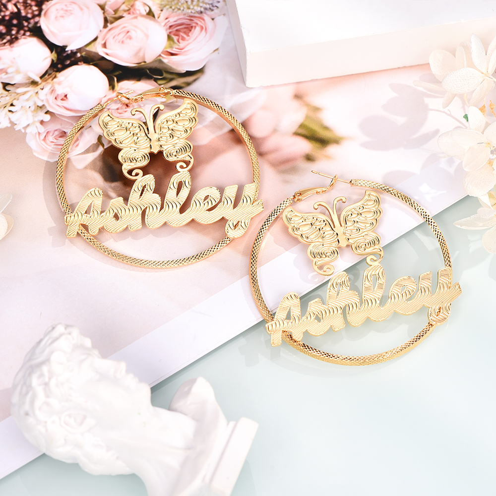 Butterfly Nameplate Hoop Earrings Personalised Custom Gold Plated Name Earrings Women Earrings-silviax