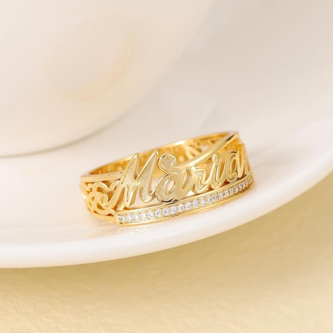 Luxury Personalized Diamond Cut 3D Name Ring with Czech Crystal-silviax