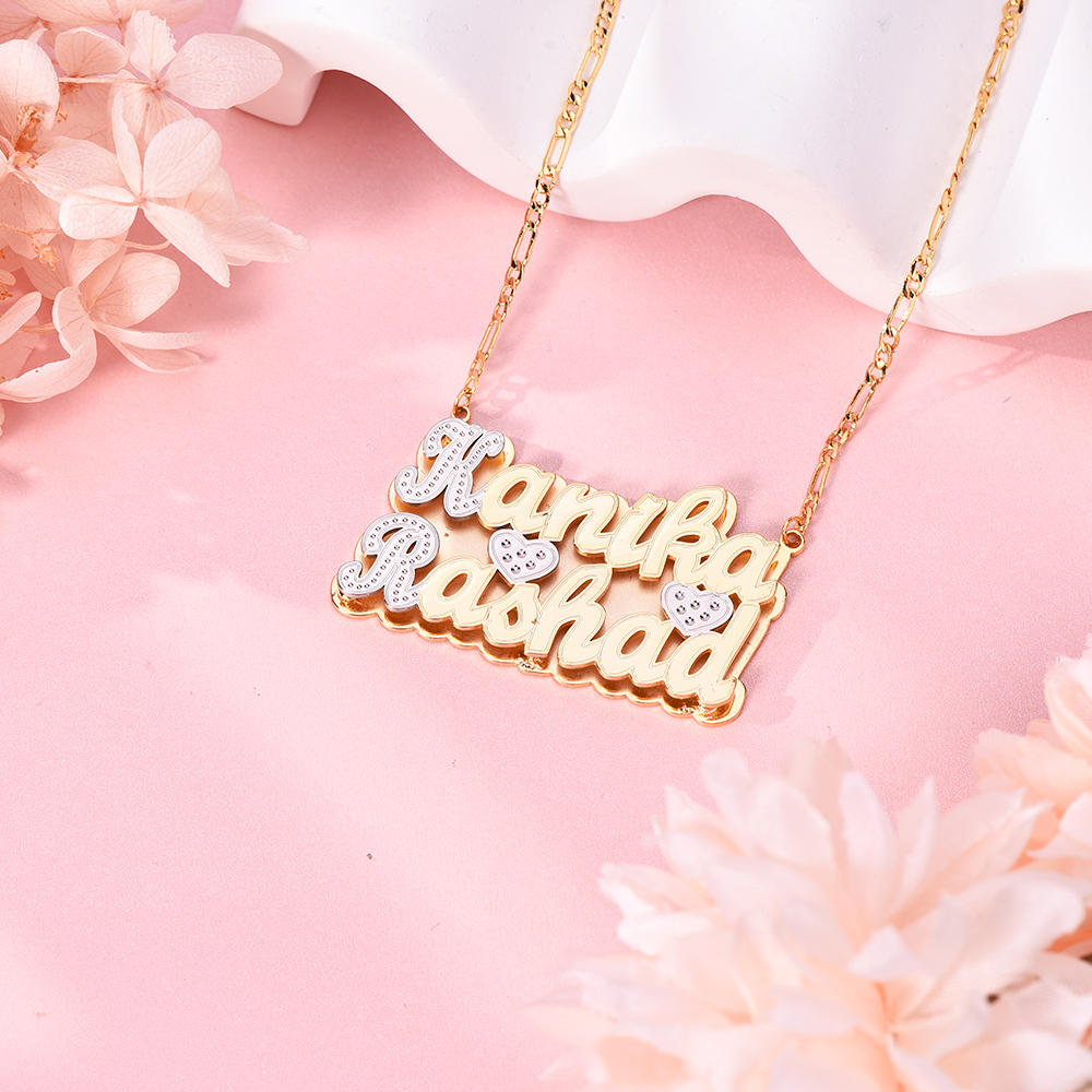Double Layer Two Tone with Two Hearts Personalized Custom Gold Plated Name Necklace-silviax