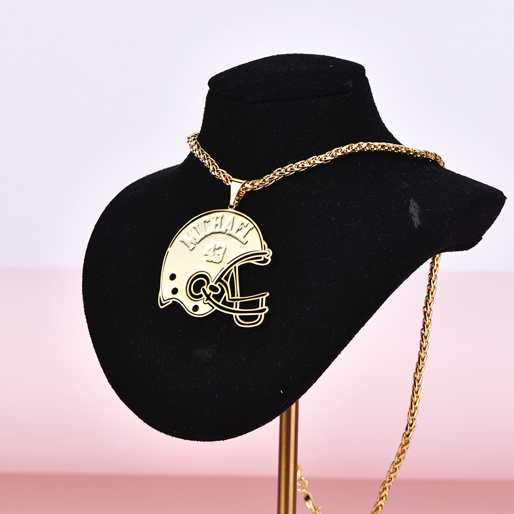 Gold Plate American Football Player Helmet Carved Custom Name Jersey Number Necklace-silviax