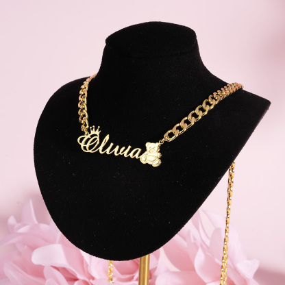 Personalized Crown and Teddy Nameplate Necklace and Heart Pendant Engraved Bar Name Bracelet Set-silviax