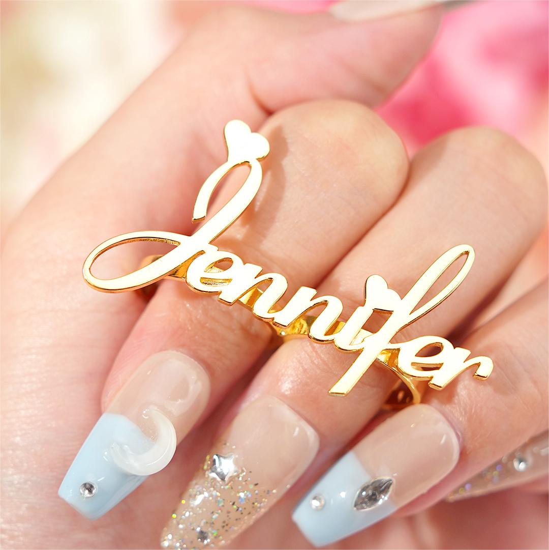 Two Finger Ring Personalized Custom Gold Plated Adjustable Love Heart Name Ring
