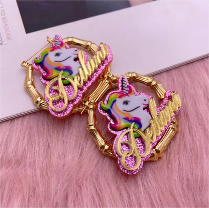 Acrylic Unicorn Nameplate Personalized Gold Plated Bamboo Earrings-silviax