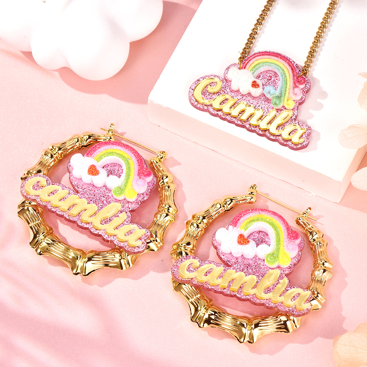 Cute Rainbow Acrylic Personalized Colorful Name Necklace and Bamboo Earrings Set-silviax