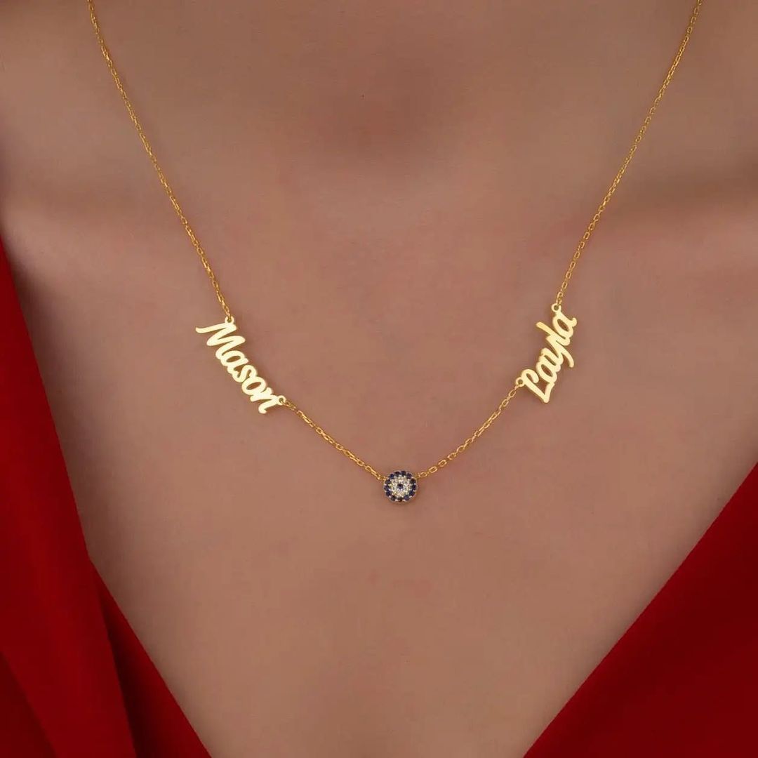 Personalized Gold Plated Blue Eye Pendant Two Name Necklace Women Gift-silviax
