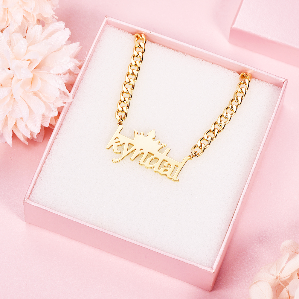 Crown And Horizontal Line With Cuban Chain Personalized Custom Gold Plated Name Necklace-silviax