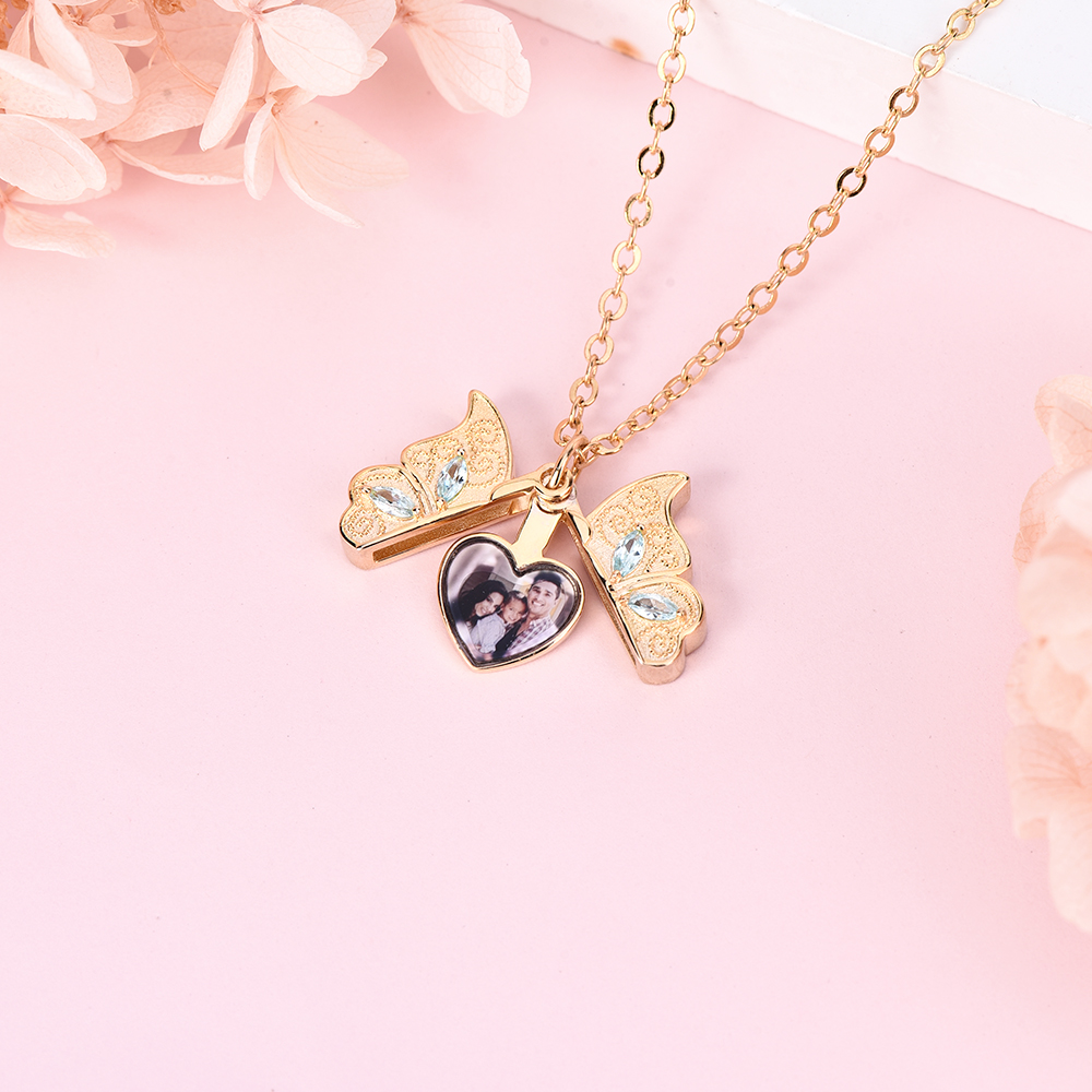 Personalized Custom Gold Plated Butterfly Locket Necklace with Photo-silviax