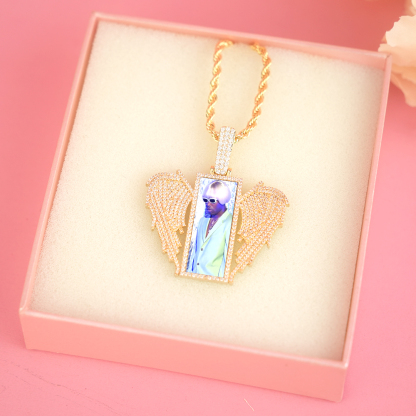 Angel Wings Rectangular Photo Frame Pendant Custom Necklace with Zircon Hip Hop Style-silviax
