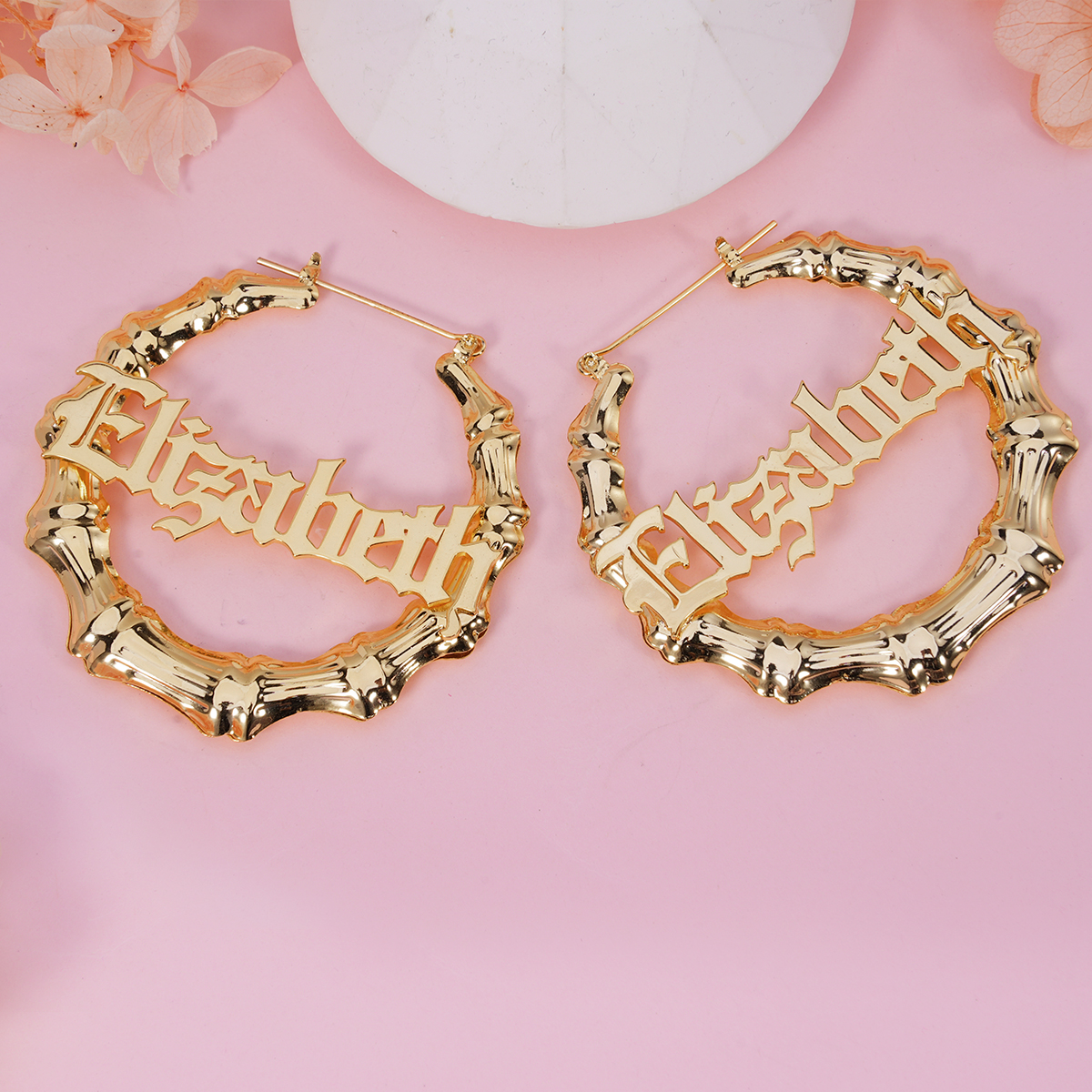 Gold Plated Custom Bamboo Hoops Name Earrings