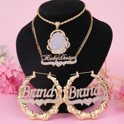 Acrylic Love Jewelry Set 3pcs Buddha Necklace Personalized Name Necklace And Bambom Earring