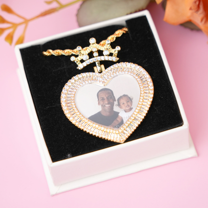 Princess Photo Chain Personalized Crown Heart Photo Pendant Necklace with Zircon-silviax