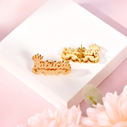 Personalized Custom Double Layer Nameplate with Crown And Heart Name Stud Earrings-silviax