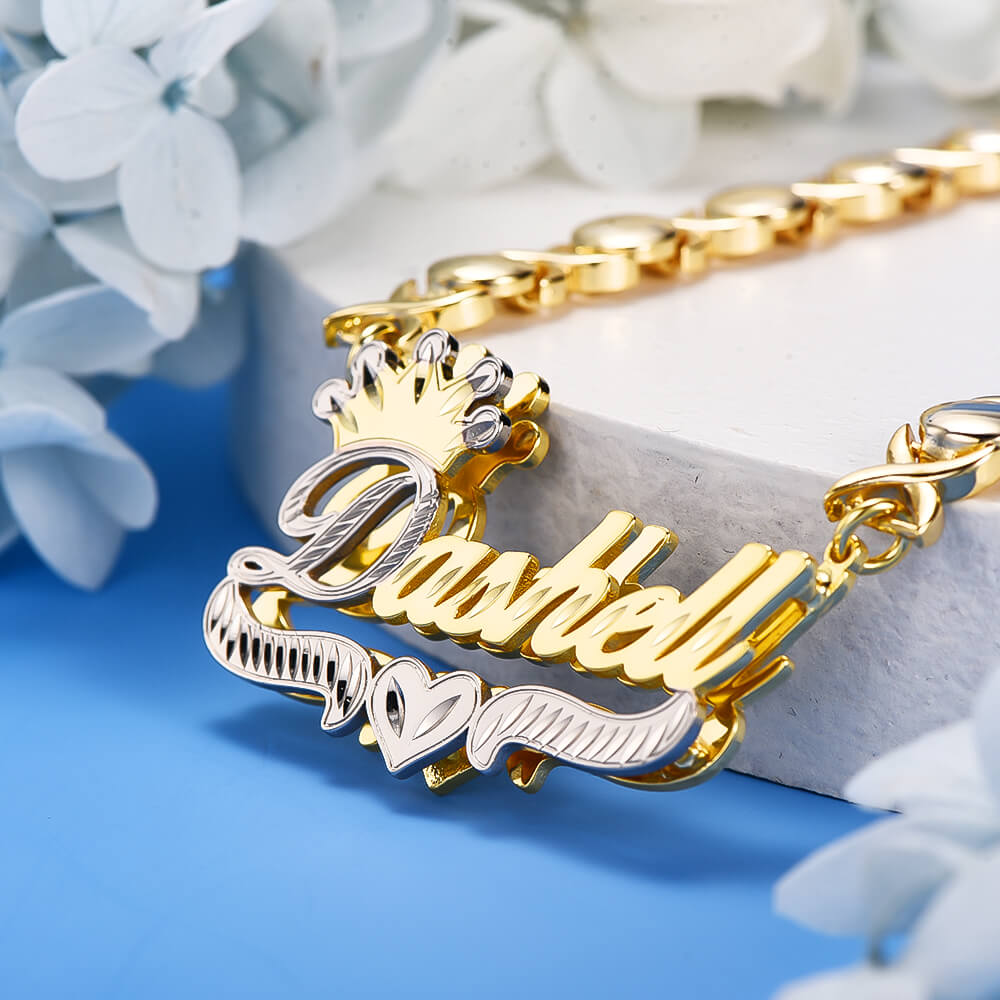 Personalized 14K Gold Plated 3D Block Name Necklace With Figaro Chain & Rolex Crown Charm