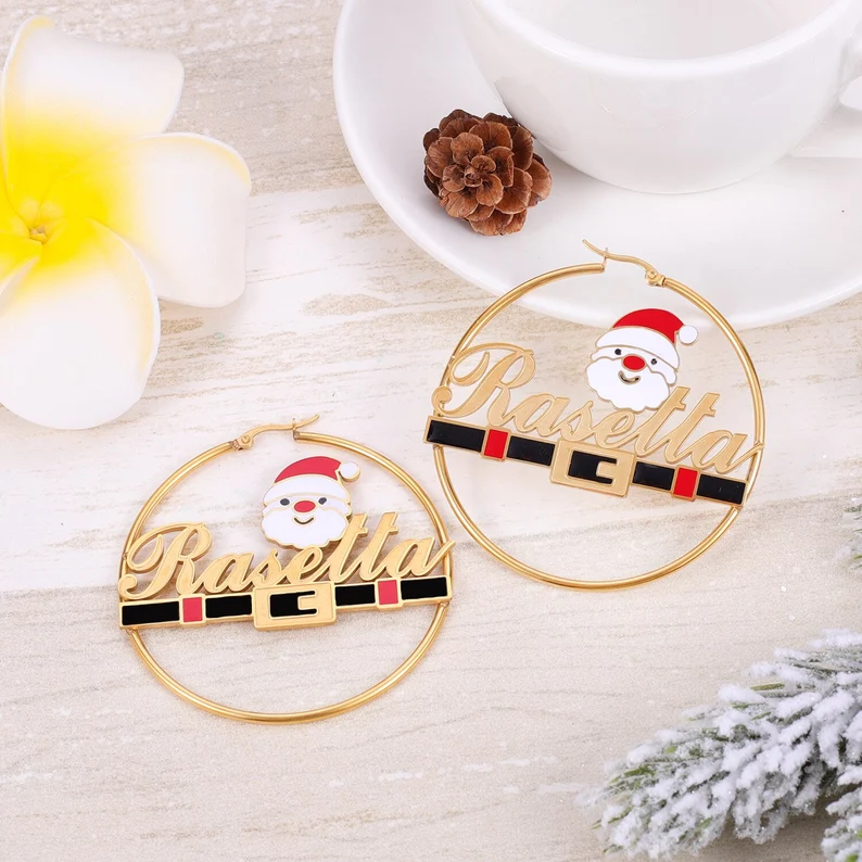 Cartoon Christmas Father Santa Nameplate Hoop Earrings Gold Plated Name Earrings 