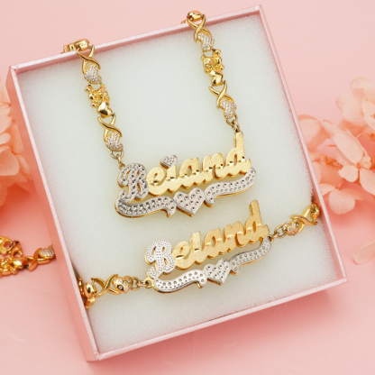 Double Layer Two Tone Heart Teddy Bear XOXO Chain Personalized Custom Gold Plated Name Necklace and Bracelet Set-silviax