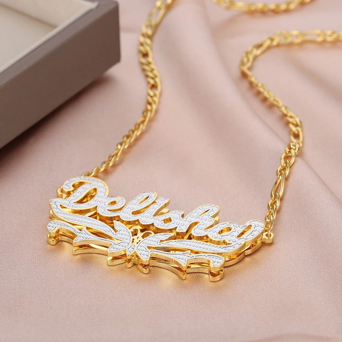 Double Layer Two Tone Butterfly Nameplate Gold Plated Personalized Custom Name Necklace-silviax