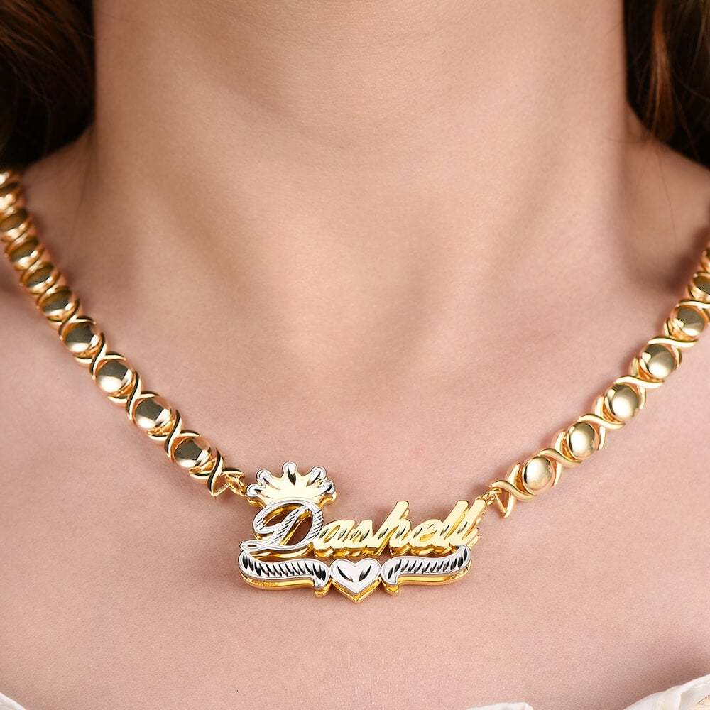 Double Plated Nameplate with XOXO Chain and Crown Gold