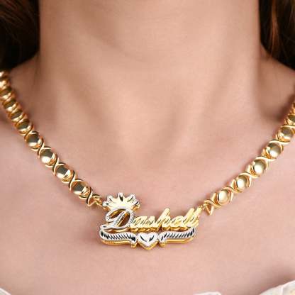 Double Layer Two Tone Nameplate with XOXO Chain and Crown Gold Plated Personalized Custom Name Necklace-silviax