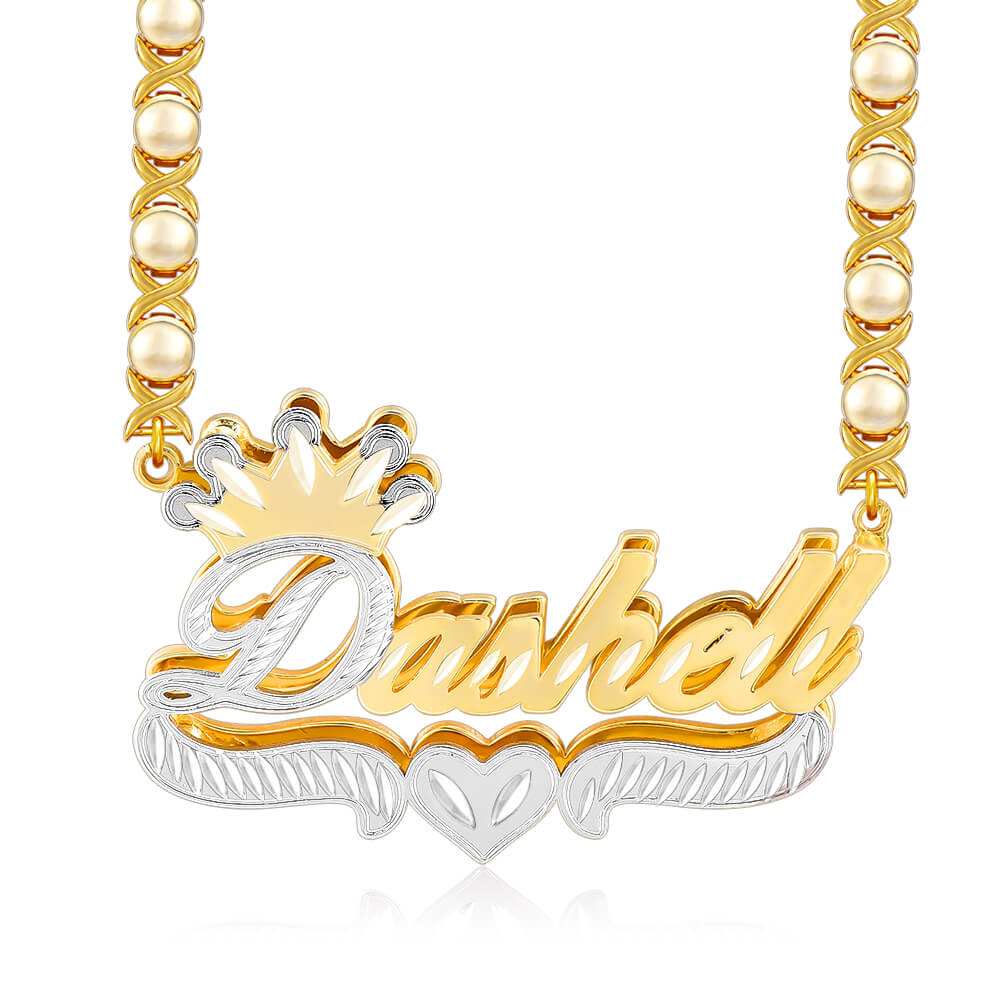 Double Layer Two Tone Nameplate with XOXO Chain and Crown Gold Plated Personalized Custom Name Necklace-silviax