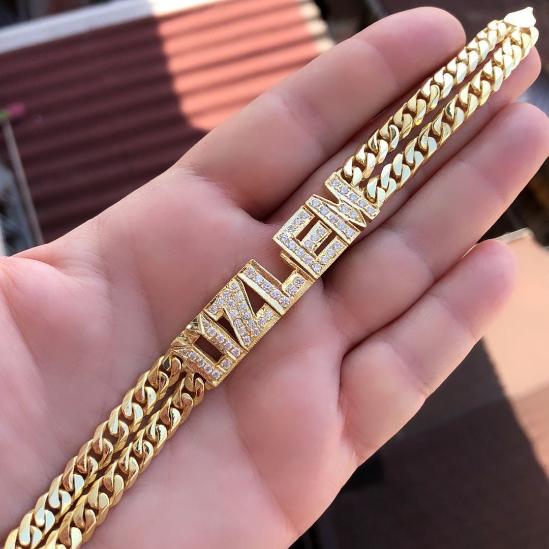 Double Chain with Rhinestones Gold Plated Personalized Custom Name Bracelet-silviax