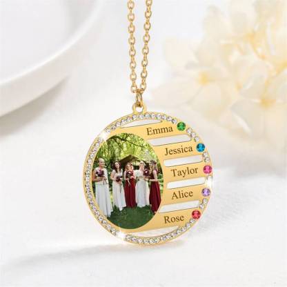 2 To 5 Names With Birthstone And Photo Round Pendant Personalized Custom Gold Plated Family Necklace