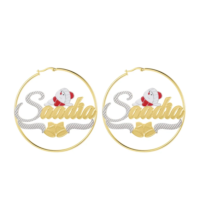 Christmas Hoop Earrings Snowman and Bell Nameplate Personalized Name Earrings Gold Plated