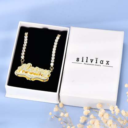 Double Plate Nameplate Heart with Tennis Chain Personalized Custom Gold Plated Name Necklace-silviax