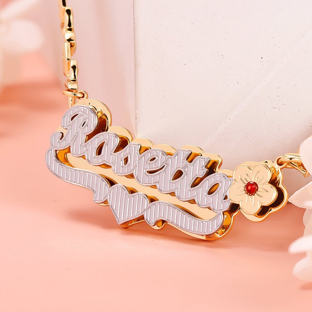 Double Plate Two Tone Birthstone Flower Heart with XOXO Chain Personalized Custom Gold Plated Name Necklace-silviax