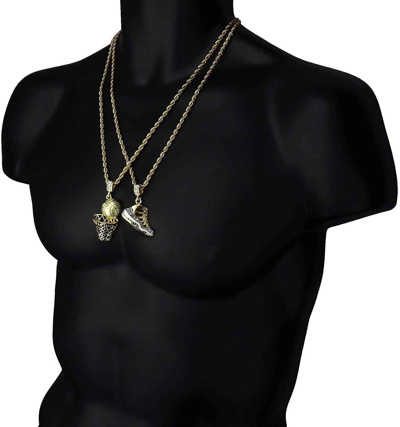 Hip Hop Retro Shoes Pendant & Basketball Basketball Hoop Pendant Gold Plated Necklace-silviax