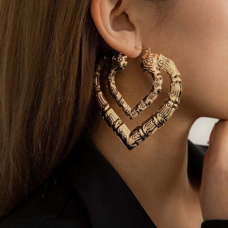 Double Heart Bamboo Hoop Gold Plated Earrings-silviax