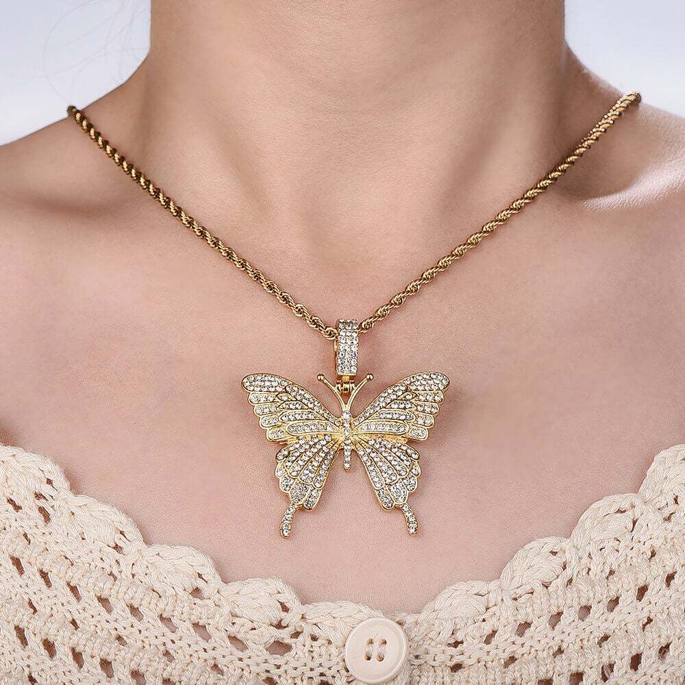Butterfly Pendant Necklace and Double Layer Two-tone Personalized Name Necklace Set-silviax