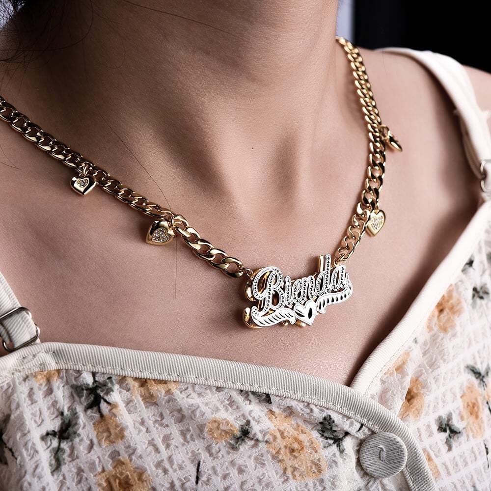 Double Layer Two Tone Heart Nameplate Cuban Chain With Heart Personalized Custom Name Necklace-silviax
