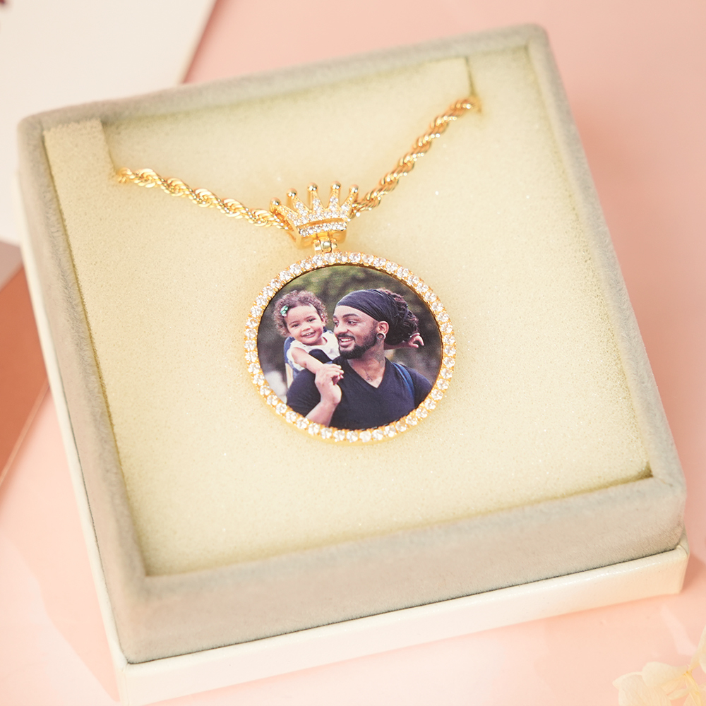 Crown Clasp Medallions Custom Photo Memory Circular Pendant Necklace Gold Plated Necklace-silviax