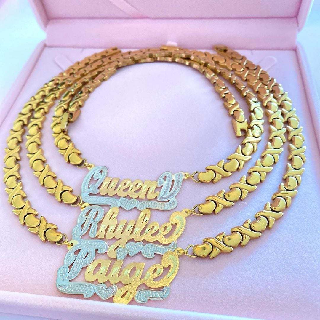 Two Tone Nameplate Heart Personalized Custom Gold Plated Name Necklace with XOXO Chain-silviax
