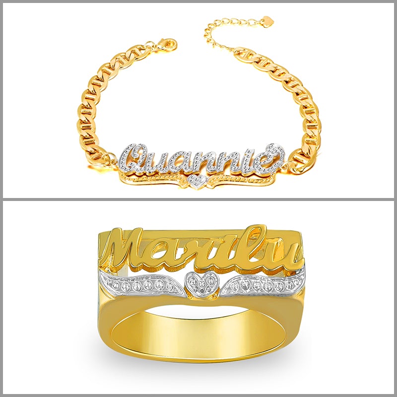 Two Tone Heart Personalized Custom Name Bracelet Ring Set-silviax