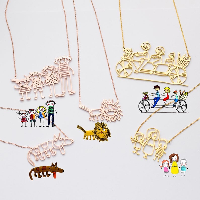 Actual Kids Drawing Personalized Custom Gold Plated Handwriting Necklace-silviax